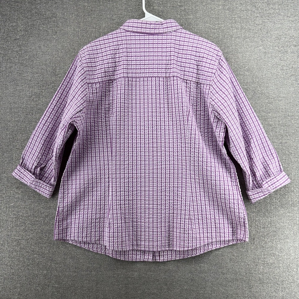 LL Bean Blouse Top Women Size XL Purple Check Seersucker 3/4 Sleeve Casual - Picture 2 of 7